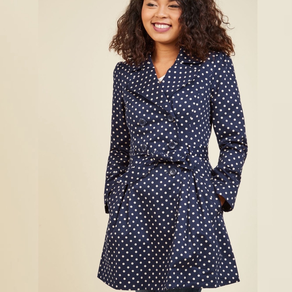 ModCloth Polka Dot Trench Coat Womens Medium Belted Retro‎ Pockets Double Breast